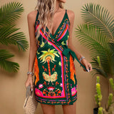 Womens Summer Tropical-Print Sleeveless Slip Dress With Thin Straps And Lace-Up Details