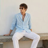 Italian Neapolitan Luxury Pure Natural Linen Mens Long Sleeve Shirt
