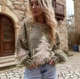 Womens Crew-neck Long-sleeve Printed Sweater