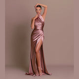 Elegant Stand-up Collar Long Dress Halter Neck Sleeveless Slit Slim Dress