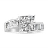14K White Gold 1 1/2 Cttw Invisible-Set Princess and Channel-Set Baguette Diamond Geometric Bypass Ring Band (G-H Color, SI2-I1 Clarity) - Ring Size 7