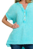Zenana Washed Double Gauze 3/4 Button Henley Neck Shirt