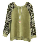 Womens Leopard-Print Patchwork Color-Block Long-Sleeve Top
