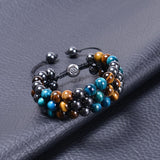 7DAYS Men's Jewelry, Men Bracelets Adjustable Tiger-Eye Crystal Black Brown Three Layer Braided Bead for Men Nature Stones for Fathers Day