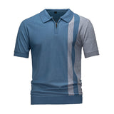 Men's Color Block Half-Zip Knit Polo Shirt, Navy & White Vertical Stripe Short Sleeve Top