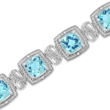 .925 Sterling Silver 7x7 mm Cushion Cut Blue Topaz and 1/10 Ctw Single Cut Diamond Square Shape Tennis Bracelet (I-J Color, I1-I2 Clarity) - 7"