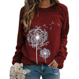Womens Dandelion-Print Crew-Neck Long-Sleeve Loose Casual Sweatshirt