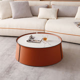 31.5" Coffee Table, Marble Top and Orange Saddle Leather Body