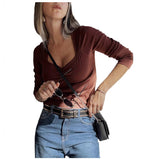 Womens Solid-color Slim-fit Long-sleeve Top