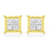 14K Yellow Gold 1.0 Cttw Invisible Set Princess-Cut Diamond Composite 8 Stone Stud Earrings (I-J Color, SI1-SI2 Clarity)