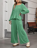 Womens 2-Piece Boho Long Sleeve Smocked Top & Wide Leg Pants Set Casual Lounge Outfit with Pockets