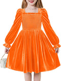 Arshiner Toddler Velvet Dress Girls Smocked Square Neck Puff Long Sleeve Party Dresses with Pockets 3-8Y