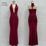 Solid Color Elegant Halter Deep V Waist-slimming Long Dress