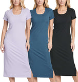 Real Essentials 3 Pack: Women's Ribbed Jersey Crew Neck Short Sleeve Midi Length Dress with Side Slit