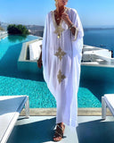 Bsubseach Gold Embroidery Long Kaftan Dresses V Neck Caftan Dress Beach Cover Ups for Women Embroidery