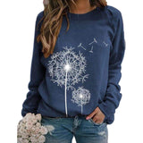Womens Dandelion-Print Crew-Neck Long-Sleeve Loose Casual Sweatshirt