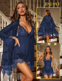 RSLOVE Women Sexy Lingerie Set 3 Piece Babydoll & Lace Kimono Robe Strap Chemise Mesh Nightgown Wine Red M