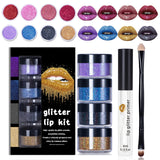 YECDET Sheglittary Glitter Lip Kit, 4 Color Glitter Lipstick with Lip Primer and Brush, Diamond And Glitter Metallic Lip Powder, Waterproof & Long Lasting & Smudge Proof (Set A)