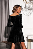Sexyasasii Womens Wrap V Neck Long Sleeve Velvet Glitter A Line Cocktail Party Swing Fit and Flare Skater Mini Dress