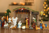 Fovths 17 Pieces Lighted Nativity Christmas Nativity Stable Manger Religious Nativity Stable Manger Figurine Resin Decor for Deluxe Edition Led Nativity Tabletop Holiday Centerpieces Decor, 7 Inch