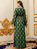 Middle Eastern Modest Maxi Dress - Muslim Moroccan Kaftan Abaya for Women Gold Embroidered Eid Dress Islamic Traditional Wear