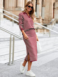 Glamaker Womens 2 Piece Skirt Sets Striped Sweater Dress Casual Polo Neck Knit Long Sleeve Midi Dresses Fall Fashion Outfits