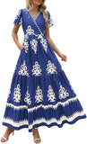 PRETTYGARDEN Womens 2025 Summer Casual V Neck Boho Maxi Dress Flowy Aline Bell Sleeve Tiered Floral Dresses with Pocket