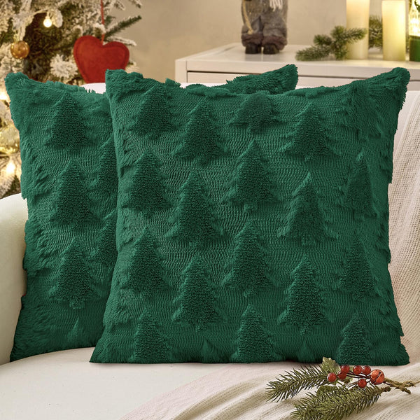 MIULEE Christmas Throw Pillow Covers Dark Green Christmas Decorations Set of 2 Xmas Tree 18x18 Pillow Covers Soft Plush Faux Wool Pillowcases Holiday Festivals Winter Home Decor Sofa Couch Bed Porch