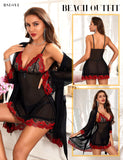 RSLOVE Women Sexy Lingerie Set 3 Piece Babydoll & Lace Kimono Robe Strap Chemise Mesh Nightgown Wine Red M