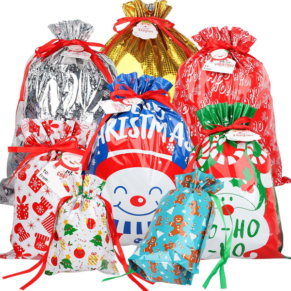 POPGIFTU 40-Pack Christmas Drawstring Gift Bags – 8 Festive Designs | Reusable Foil Holiday Wrapping Bags with Tags | Assorted XL/L/M/S Santa Xmas Gift Bags
