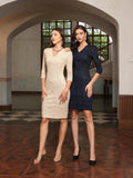 M.Infisavo Sheath Dresses for Women 2025 Notch V Neck 3/4 Sleeves Slim Fit Office Pencil Dress