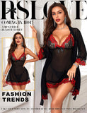 RSLOVE Women Sexy Lingerie Set 3 Piece Babydoll & Lace Kimono Robe Strap Chemise Mesh Nightgown Wine Red M