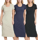 Real Essentials 3 Pack: Women's Ribbed Jersey Crew Neck Short Sleeve Midi Length Dress with Side Slit