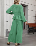 Womens 2-Piece Boho Long Sleeve Smocked Top & Wide Leg Pants Set Casual Lounge Outfit with Pockets