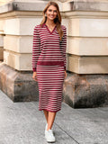 Glamaker Womens 2 Piece Skirt Sets Striped Sweater Dress Casual Polo Neck Knit Long Sleeve Midi Dresses Fall Fashion Outfits