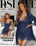 RSLOVE Women Sexy Lingerie Set 3 Piece Babydoll & Lace Kimono Robe Strap Chemise Mesh Nightgown Wine Red M