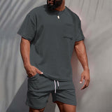 Mens Corduroy Casual Crew-Neck Shorts Set
