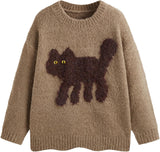 CIDER Women’s Cat Sweater Long Sleeve Crew Neck Fun Graphic Cute Patterned Pullover Sweater Tops