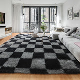 KICMOR Navy Blue and Cream White Rugs for Living Room, 4x6 Fluffy Fuzzy Shag Checkered Rug Shaggy Carpet for Bedroom, Soft Plush Area Rug for Nursery Toddler Room Classroom Study Room Kids Room