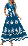PRETTYGARDEN Womens 2025 Summer Casual V Neck Boho Maxi Dress Flowy Aline Bell Sleeve Tiered Floral Dresses with Pocket