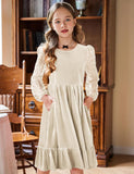 Arshiner Girls Dresses Contrast Mesh Velvet Long Sleeve A-Line Vintage Party Dress with Pockets