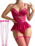 Women Lingerie Set Naughty Lace Bodysuit High Waisted Underwire Lingerie Babydoll With Garter Belt and Stockings