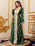 Middle Eastern Modest Maxi Dress - Muslim Moroccan Kaftan Abaya for Women Gold Embroidered Eid Dress Islamic Traditional Wear