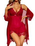 RSLOVE Women Sexy Lingerie Set 3 Piece Babydoll & Lace Kimono Robe Strap Chemise Mesh Nightgown Wine Red M
