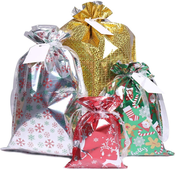 Christmas Gift Bags,40Pcs Santa Wrapping Bag in 4 Sizes and 4 Designs with Inserted Drawstring Ribbons and Tags for Wrapping Holiday