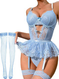Women Lingerie Set Naughty Lace Bodysuit High Waisted Underwire Lingerie Babydoll With Garter Belt and Stockings