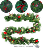 MorTime 9 FT LED Christmas Garland with Pinecones Red Berries Bows Christmas Balls Candies, Multi-Function Christmas Garland with 50 Warm White LED Lights, 180 Branch Tips