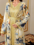Abaya for Women Floral Embroidered Muslim Dress V-Neck Arabian Maxi Robe