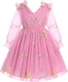 IMEKIS Toddler Kids Girls Tulle Dress Floral Embroidery Sparkly Wedding Party Long Sleeve Fall Photo Shoot Outfit 2-8T