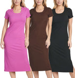 Real Essentials 3 Pack: Women's Ribbed Jersey Crew Neck Short Sleeve Midi Length Dress with Side Slit